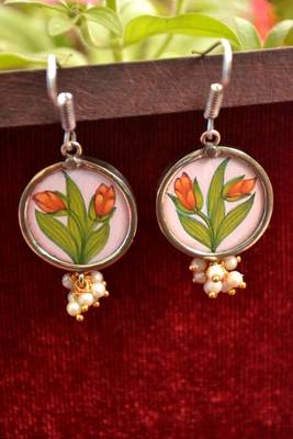 Handpainted Designer Silver Disc Earrings with Pearls in Bottom 2