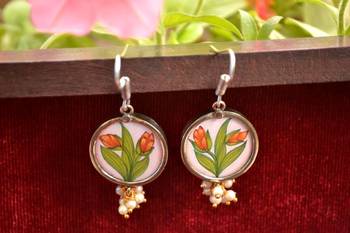 Handpainted Designer Silver Disc Earrings with Pearls in Bottom 3