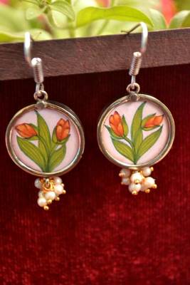 Handpainted Designer Silver Disc Earrings with Pearls in Bottom 4
