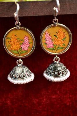Handpainted Designer Silver Disc Earrings with Jhumka in Bottom 1
