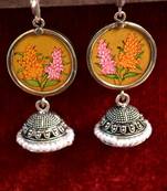 Handpainted Designer Silver Disc Earrings with Jhumka in Bottom