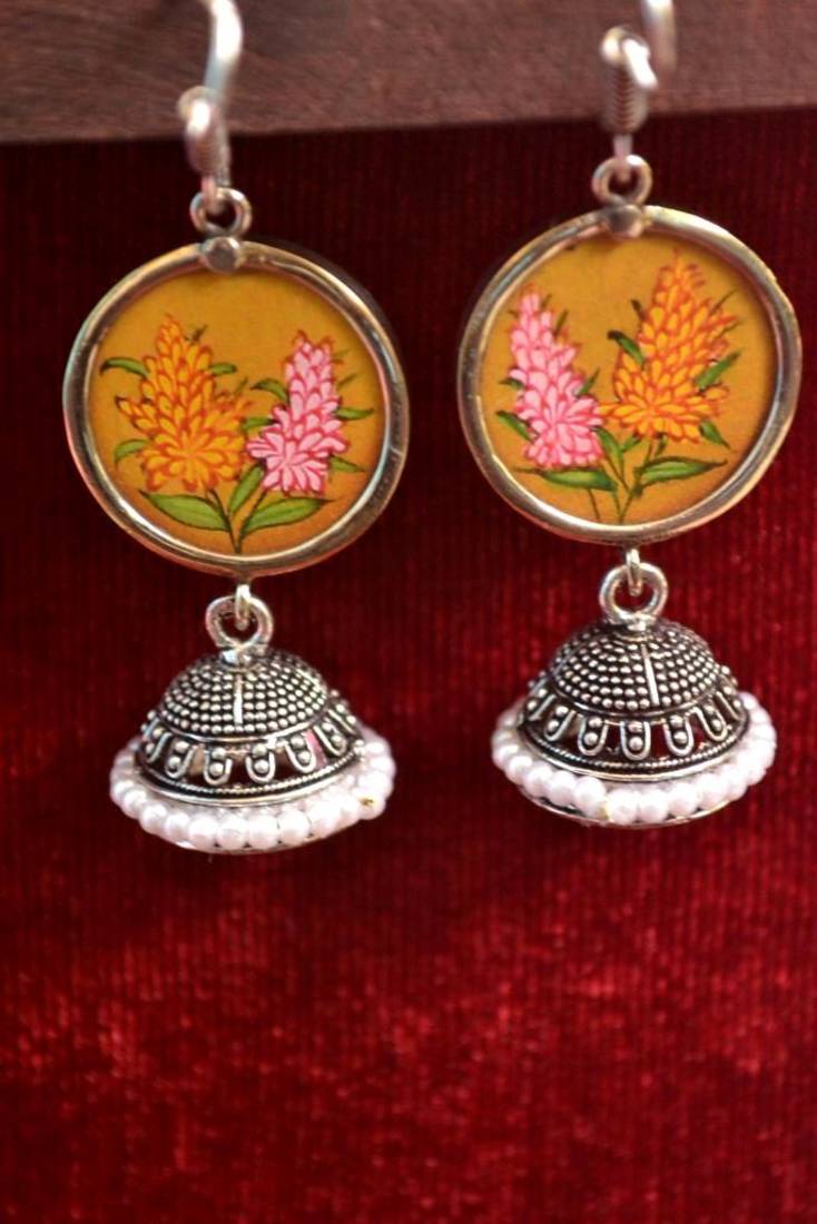 Handpainted Designer Silver Disc Earrings with Jhumka in Bottom