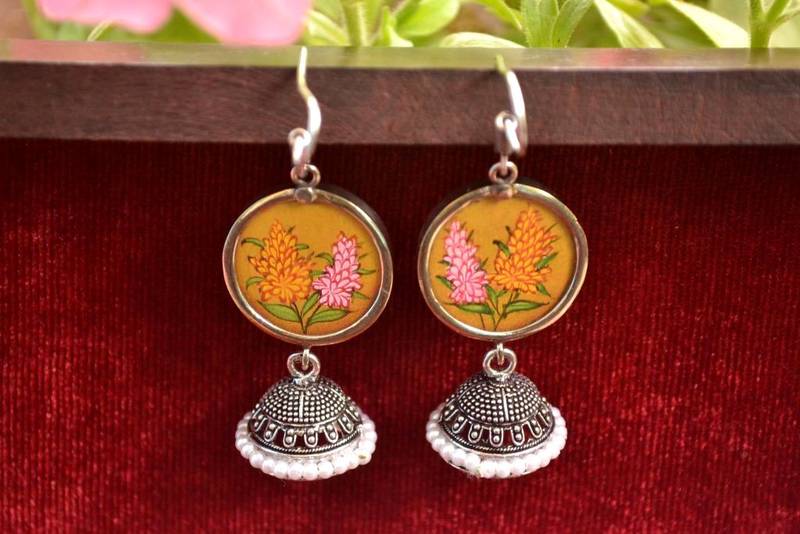 Handpainted Designer Silver Disc Earrings with Jhumka in Bottom