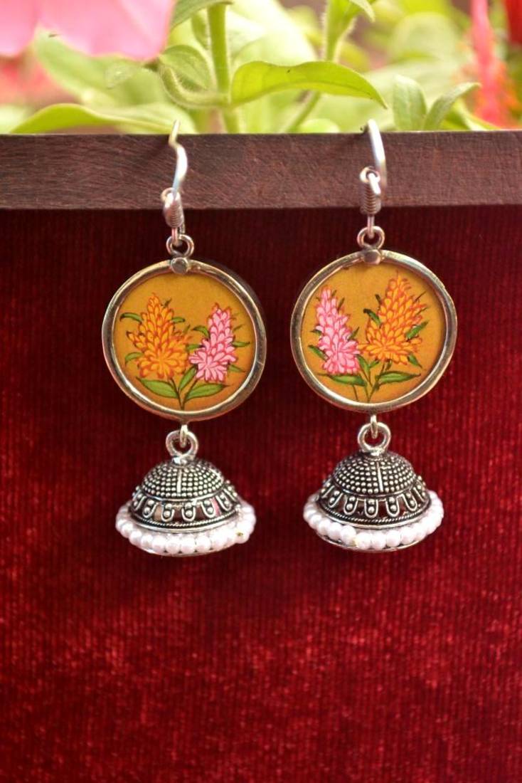 Handpainted Designer Silver Disc Earrings with Jhumka in Bottom