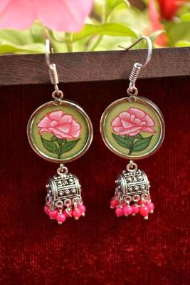 Handpainted Designer Silver Disc Earrings with Jhumka in Bottom 1