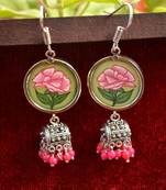 Handpainted Designer Silver Disc Earrings with Jhumka in Bottom