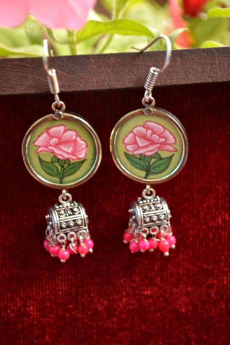 Handpainted Designer Silver Disc Earrings with Jhumka in Bottom