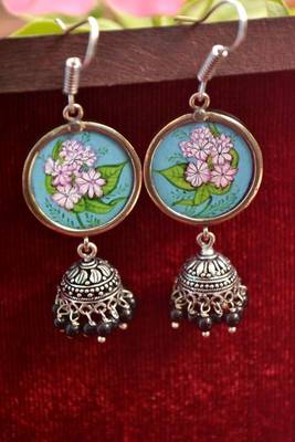 Handpainted Designer Silver Disc Earrings with Jhumka in Bottom 1