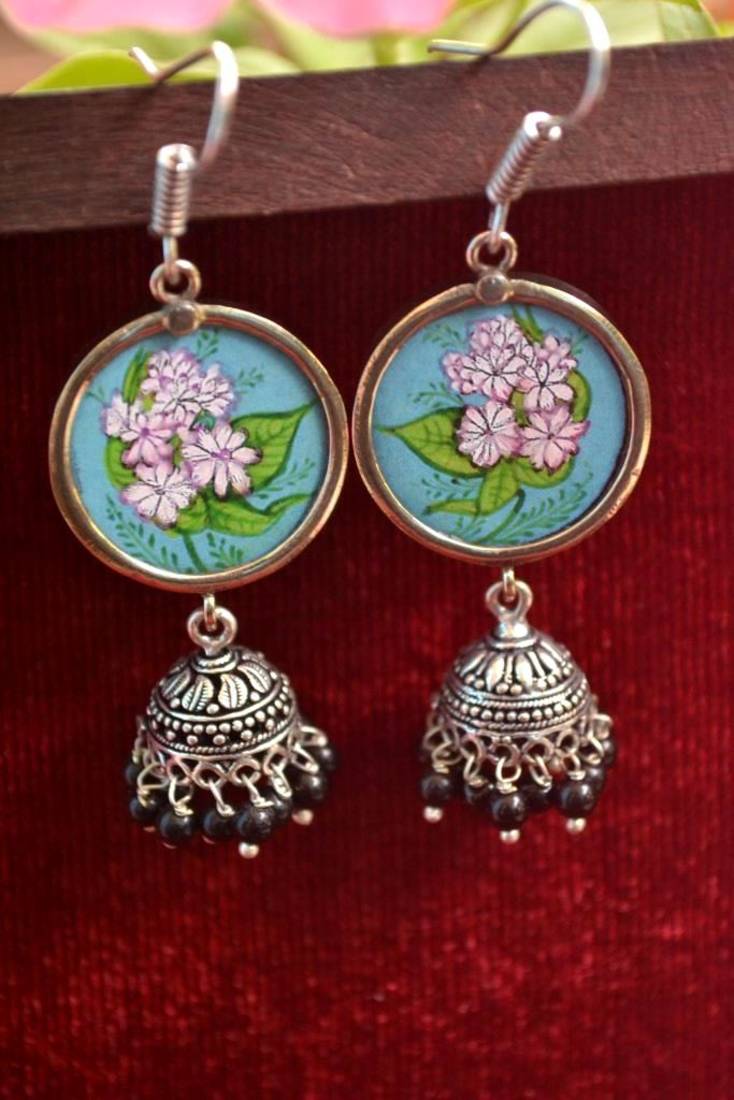 Handpainted Designer Silver Disc Earrings with Jhumka in Bottom