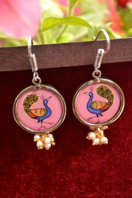 Handpainted Designer Silver Disc Earrings with Jhumka in Bottom 1
