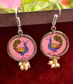 Handpainted Designer Silver Disc Earrings with Jhumka in Bottom