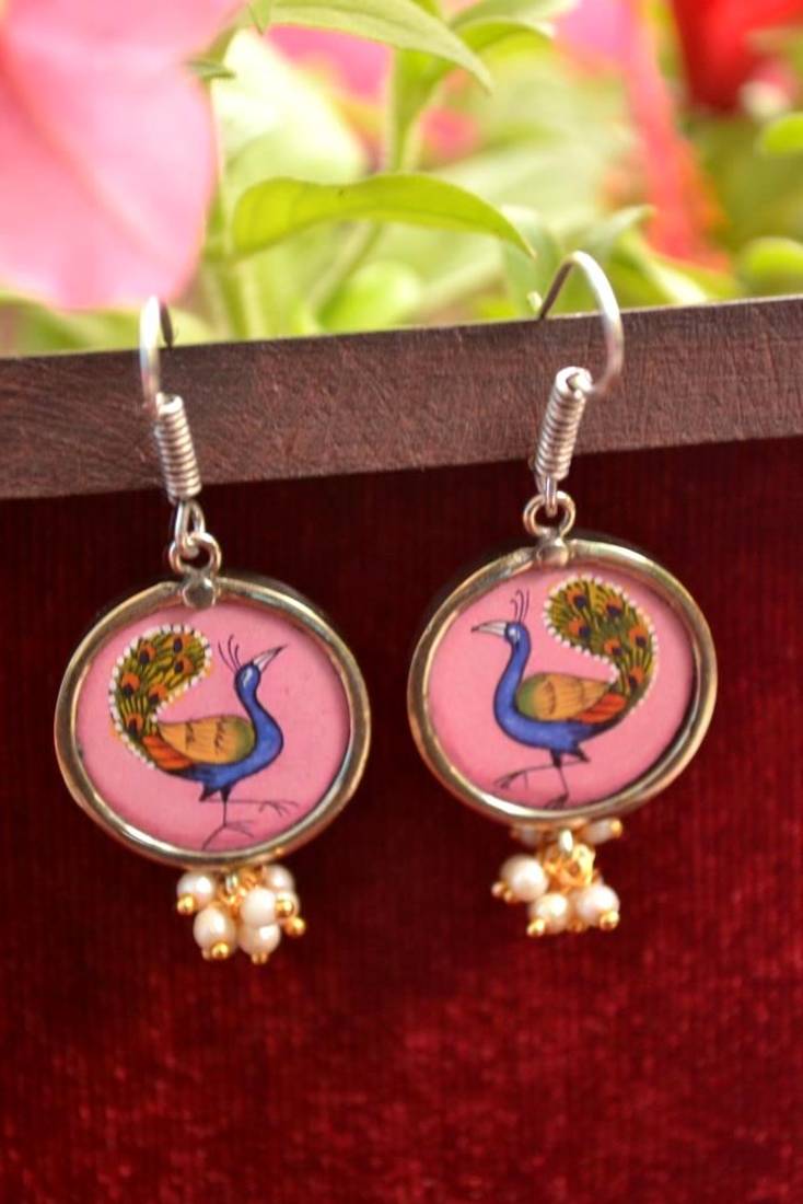 Handpainted Designer Silver Disc Earrings with Jhumka in Bottom