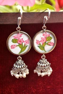Handpainted Designer Silver Disc Earrings with Jhumka in Bottom 1
