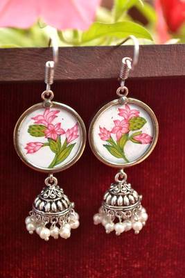 Handpainted Designer Silver Disc Earrings with Jhumka in Bottom 2