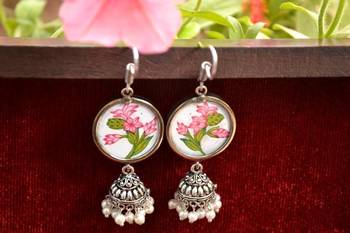 Handpainted Designer Silver Disc Earrings with Jhumka in Bottom 3