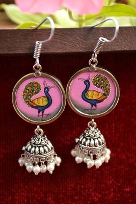 Handpainted Designer Silver Disc Earrings with Jhumka in Bottom 1