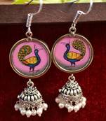 Handpainted Designer Silver Disc Earrings with Jhumka in Bottom