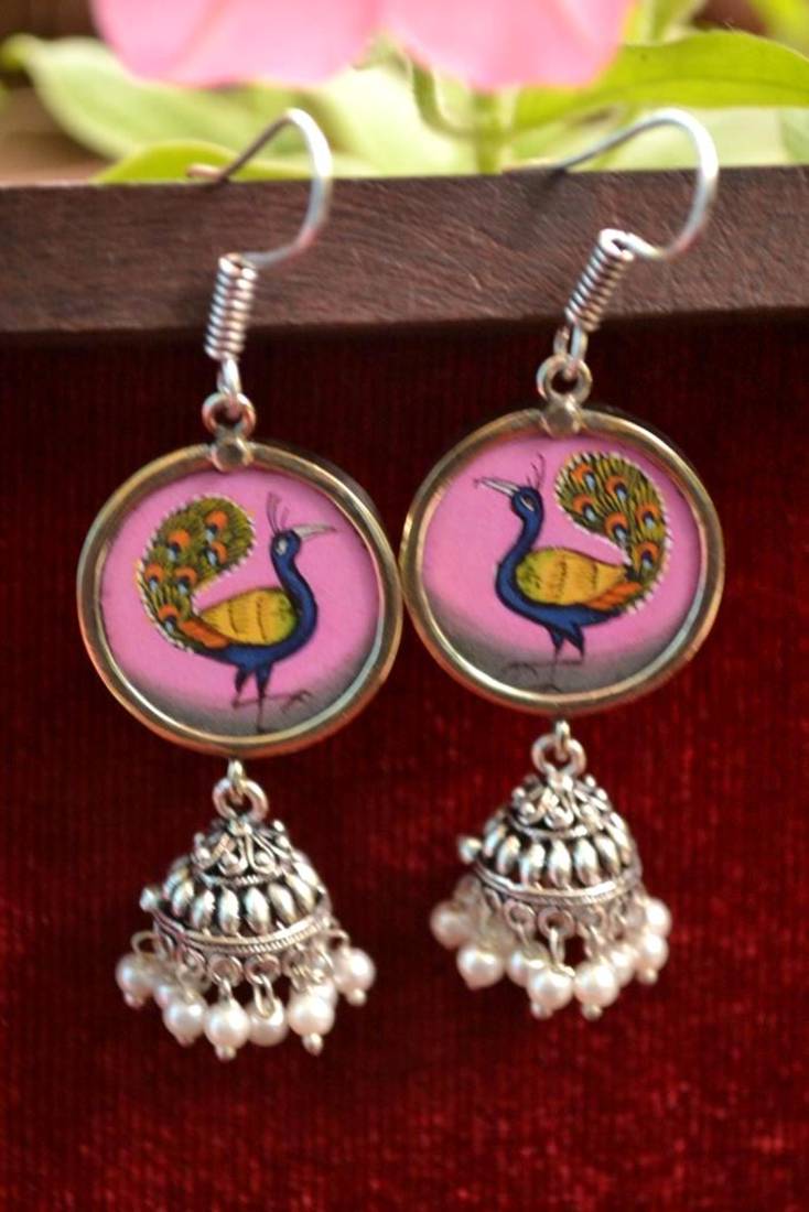 Handpainted Designer Silver Disc Earrings with Jhumka in Bottom