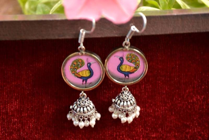 Handpainted Designer Silver Disc Earrings with Jhumka in Bottom