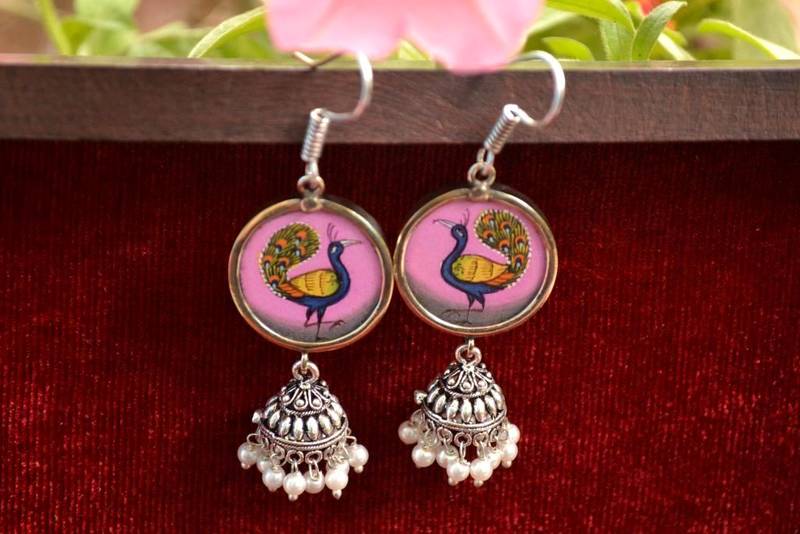 Handpainted Designer Silver Disc Earrings with Jhumka in Bottom