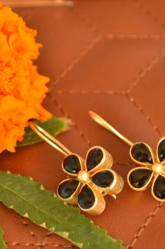 Kundan Stone Semi Precious Gold Plated Floral Dangler Earrings