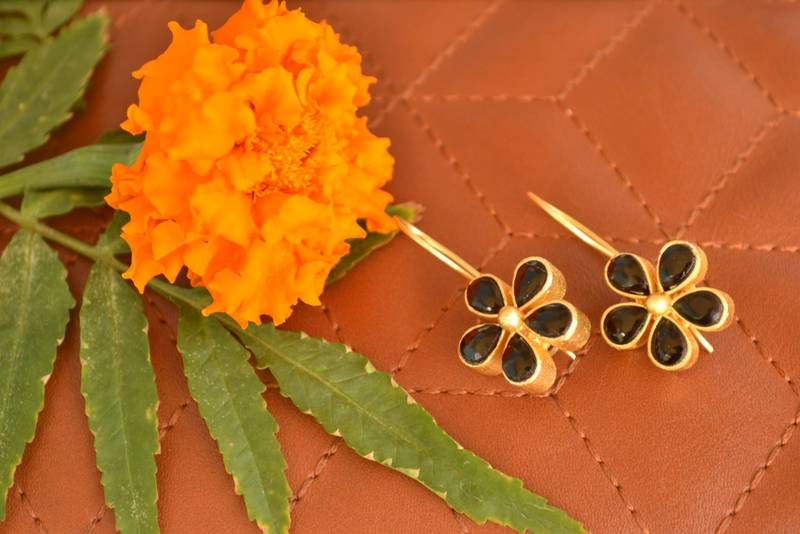 Kundan Stone Semi Precious Gold Plated Floral Dangler Earrings