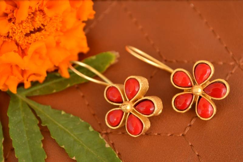 Kundan Stone Semi Precious Gold Plated Floral Dangler Earrings