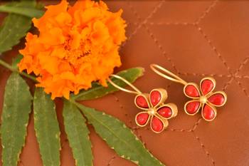 Kundan Stone Semi Precious Gold Plated Floral Dangler Earrings 3