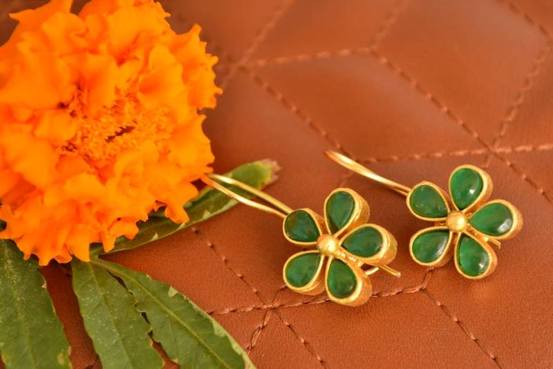 Kundan Stone Semi Precious Gold Plated Floral Dangler Earrings