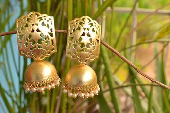 Designer Gold plated high gloss golden Filigree or Jali work jhumka with pearl in bottom 1