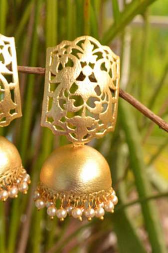 Designer Gold plated high gloss golden Filigree or Jali work jhumka with pearl in bottom