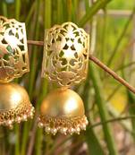 Designer Gold plated high gloss golden Filigree or Jali work jhumka with pearl in bottom