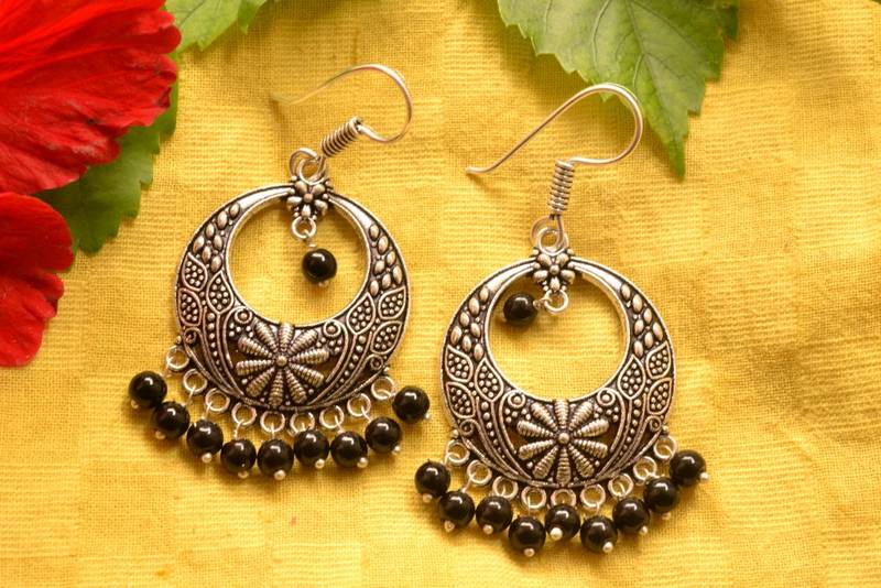 Designer Oxidised Silver jhumka Earrings