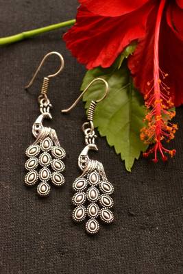 Designer Peacock Oxidised Silver jhumka Earrings 1