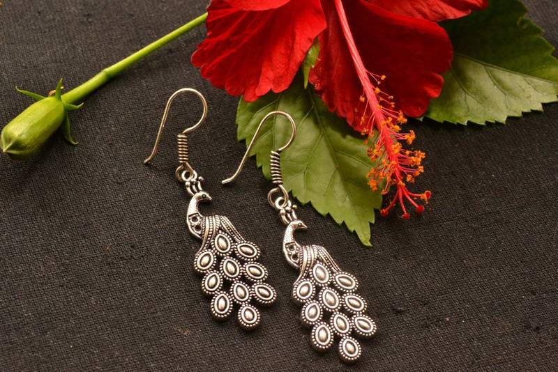 Designer Peacock Oxidised Silver jhumka Earrings