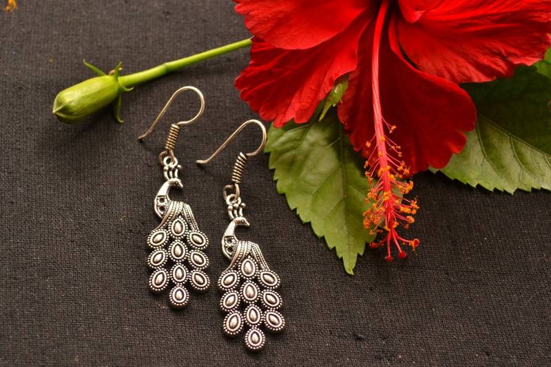 Designer Peacock Oxidised Silver jhumka Earrings