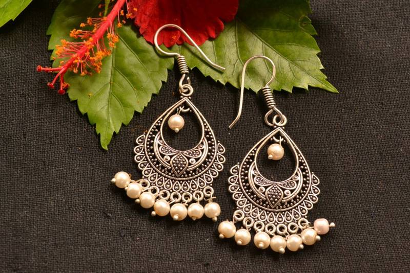 Designer Oxidised Silver jhumka Earrings