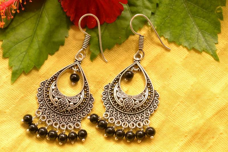 Designer Oxidised Silver jhumka Earrings