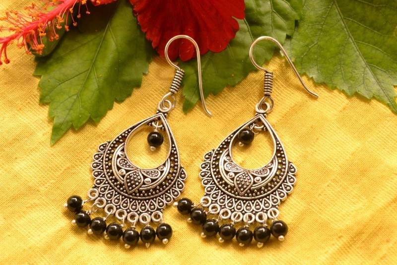Designer Oxidised Silver jhumka Earrings