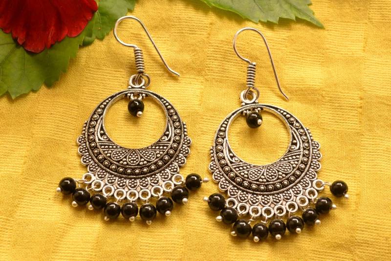 Designer Oxidised Silver jhumka Earrings