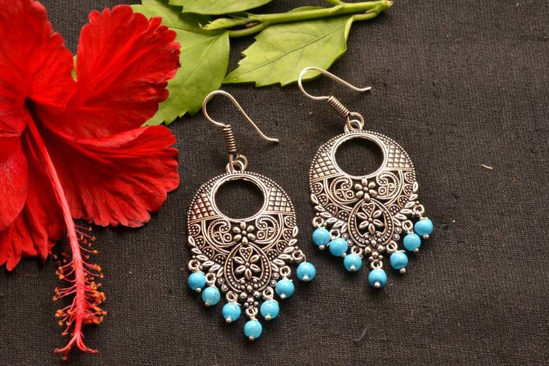 Designer Oxidised Silver jhumka Earrings