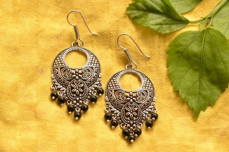 Designer Oxidised Silver jhumka Earrings