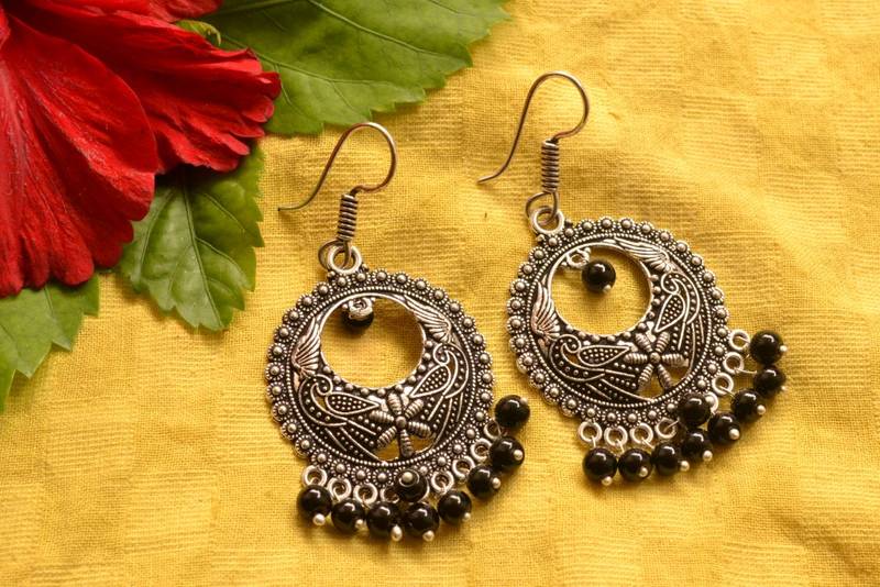 Designer Oxidised Silver jhumka Earrings