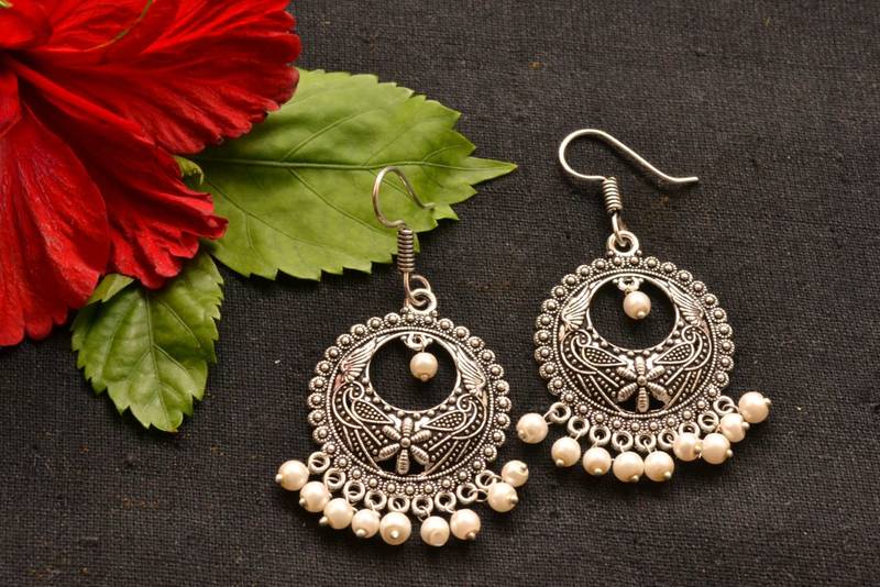 Designer Oxidised Silver jhumka Earrings