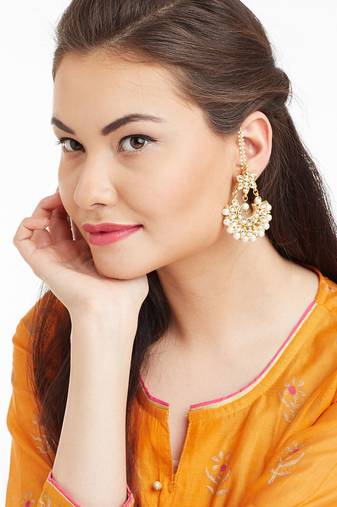 Kundan Stone Semi Precious Gold Plated Floral Pearl Dangler Stud Earrings