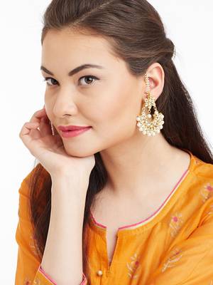 Kundan Stone Semi Precious Gold Plated Floral Pearl Dangler Stud Earrings 1