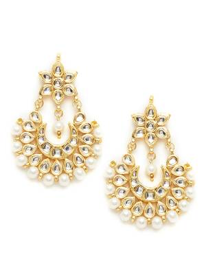 Kundan Stone Semi Precious Gold Plated Floral Pearl Dangler Stud Earrings 2