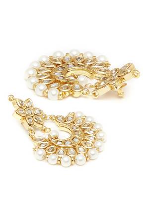 Kundan Stone Semi Precious Gold Plated Floral Pearl Dangler Stud Earrings 3
