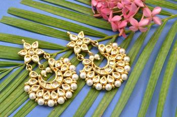 Kundan Stone Semi Precious Gold Plated Floral Pearl Dangler Stud Earrings 1