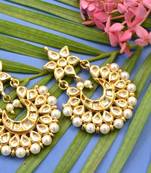 Kundan Stone Semi Precious Gold Plated Floral Pearl Dangler Stud Earrings